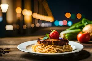 een bord van spaghetti en vlees Aan een houten tafel. ai-gegenereerd foto