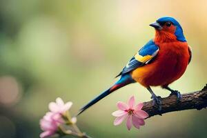 een kleurrijk vogel zit Aan een Afdeling met roze bloemen. ai-gegenereerd foto