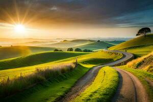 de zon stijgt over- de rollend heuvels van de nieuw Zeeland platteland. ai-gegenereerd foto