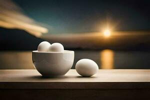 eieren in een kop Aan een tafel met een zonsondergang in de achtergrond. ai-gegenereerd foto