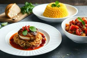 drie borden met voedsel Aan hen, inclusief pasta, vlees en groenten. ai-gegenereerd foto