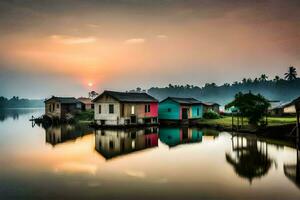 huizen Aan de water Bij zonsondergang. ai-gegenereerd foto