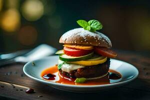 een hamburger met groenten en saus Aan een bord. ai-gegenereerd foto