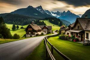 een weg in de bergen met een huis en berg. ai-gegenereerd foto