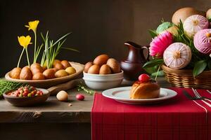 een tafel met eieren, brood en bloemen. ai-gegenereerd foto