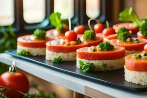 klein voorgerechten Aan een dienblad met tomaten en broccoli. ai-gegenereerd foto