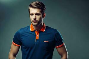 een Mens in een blauw polo overhemd met oranje trimmen. ai-gegenereerd foto