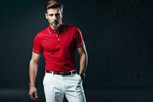 een Mens in een rood polo overhemd en wit broek. ai-gegenereerd foto