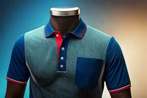 een mannequin vervelend een blauw polo overhemd en rood en blauw shirt. ai-gegenereerd foto