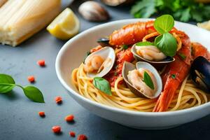 spaghetti met mosselen en mosselen in een wit schaal. ai-gegenereerd foto