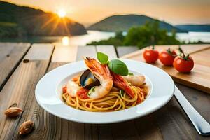 garnaal pasta met mosselen en tomaten Aan een houten tafel met zonsondergang. ai-gegenereerd foto