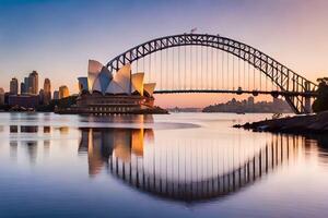 de Sydney haven brug en opera huis Bij zonsondergang. ai-gegenereerd foto