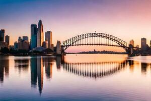 Sydney horizon Bij zonsondergang met de haven brug in de voorgrond. ai-gegenereerd foto