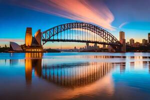 de Sydney haven brug Bij zonsondergang. ai-gegenereerd foto