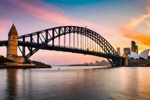 de Sydney haven brug Bij zonsondergang. ai-gegenereerd foto
