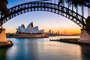 Sydney opera huis en brug Bij zonsondergang. ai-gegenereerd foto