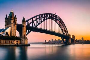 de Sydney haven brug Bij zonsondergang. ai-gegenereerd foto