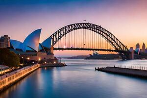 de Sydney opera huis en brug Bij zonsondergang. ai-gegenereerd foto