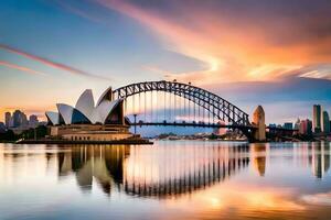 de Sydney opera huis en brug Bij zonsondergang. ai-gegenereerd foto