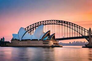de Sydney opera huis en de Sydney haven brug Bij zonsondergang. ai-gegenereerd foto
