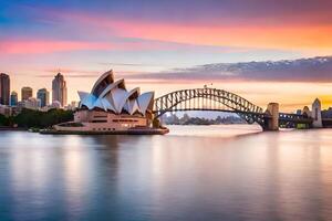 Sydney horizon Bij zonsondergang met de opera huis en brug. ai-gegenereerd foto