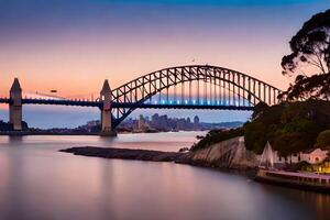 de Sydney haven brug Bij zonsondergang. ai-gegenereerd foto