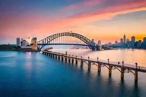 Sydney brug en Sydney opera huis Bij zonsondergang. ai-gegenereerd foto