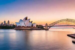 de Sydney opera huis en brug Bij zonsondergang. ai-gegenereerd foto