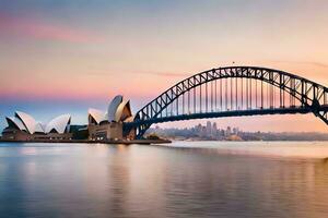 de Sydney opera huis en brug Bij zonsondergang. ai-gegenereerd foto