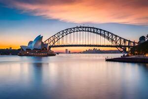 de Sydney opera huis en brug Bij zonsondergang. ai-gegenereerd foto