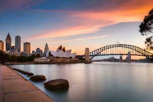 de Sydney horizon Bij zonsondergang met de opera huis in de voorgrond. ai-gegenereerd foto