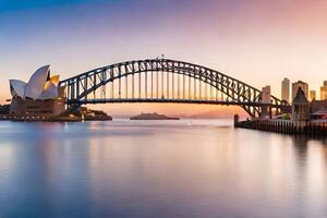 de Sydney opera huis en Sydney brug Bij zonsondergang. ai-gegenereerd foto