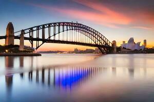 de Sydney haven brug Bij zonsondergang. ai-gegenereerd foto