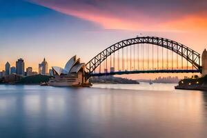 de Sydney opera huis en de brug Bij zonsondergang. ai-gegenereerd foto