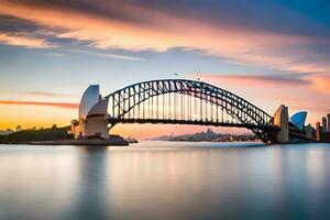 de Sydney haven brug Bij zonsondergang. ai-gegenereerd foto