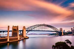 de Sydney haven brug Bij zonsondergang. ai-gegenereerd foto