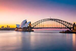 de Sydney opera huis en Sydney brug Bij zonsondergang. ai-gegenereerd foto