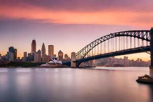 Sydney haven brug Bij zonsondergang. ai-gegenereerd foto