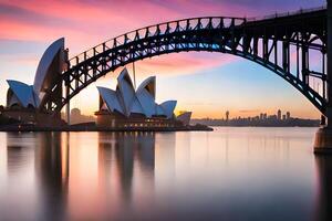 de Sydney opera huis en brug Bij zonsondergang. ai-gegenereerd foto