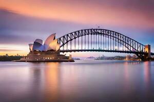 de Sydney opera huis en de brug Bij zonsondergang. ai-gegenereerd foto