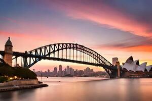 de Sydney haven brug Bij zonsondergang. ai-gegenereerd foto