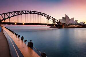 de Sydney opera huis en brug Bij zonsondergang. ai-gegenereerd foto