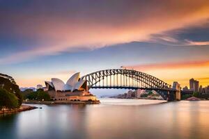 de Sydney opera huis en brug Bij zonsondergang. ai-gegenereerd foto