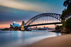 de Sydney opera huis en Sydney brug Bij zonsondergang. ai-gegenereerd foto