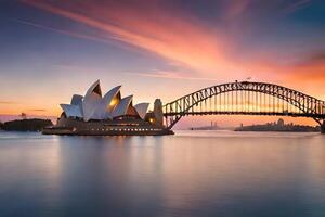 de Sydney opera huis en brug Bij zonsondergang. ai-gegenereerd foto