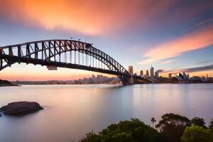 de Sydney haven brug Bij zonsondergang. ai-gegenereerd foto