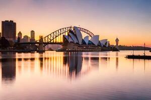 de Sydney opera huis en de stad horizon Bij zonsondergang. ai-gegenereerd foto