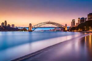 de Sydney haven brug Bij zonsondergang. ai-gegenereerd foto