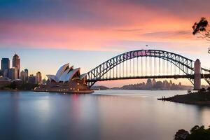 de Sydney opera huis en brug Bij zonsondergang. ai-gegenereerd foto