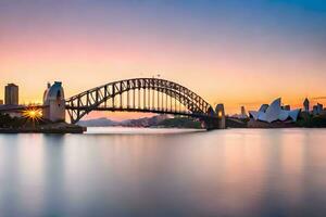 de Sydney opera huis en de Sydney haven brug Bij zonsondergang. ai-gegenereerd foto